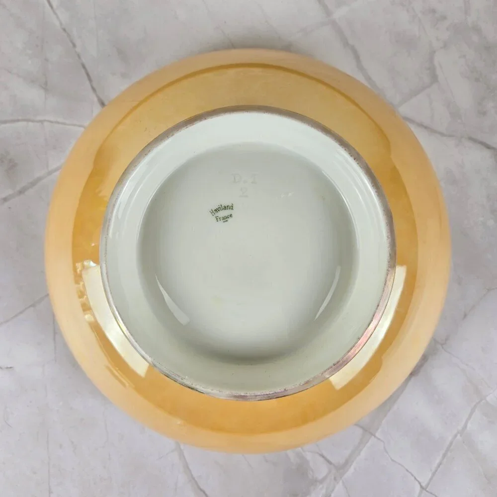 Haviland Porcelain Lusterware Serving Bowl Gold Floral Interior Stripe Vintage